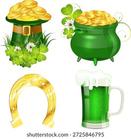 St. Patrick Day St. Patrick Day Symbole mit Hut, Goldmünzen, Kleeblatt, Topf, Hufeisen und Glas Bier, Vektor einzeln auf weißem Hintergrund