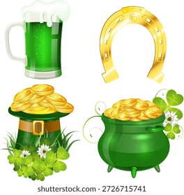 Día de San Patricio Símbolos del día de San Patricio con sombrero, monedas de oro, hoja de trébol, olla, herradura y vaso de cerveza, Vector aislado sobre fondo blanco