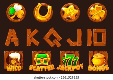St Patrick day symbols on wooden board for your game or slots machine. Standard symbols,Wild symbol,Bonus symbol,Scatter symbol, Playing card symbols