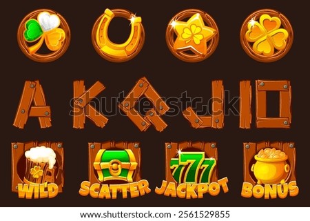 St Patrick day symbols on wooden board for your game or slots machine. Standard symbols,Wild symbol,Bonus symbol,Scatter symbol, Playing card symbols