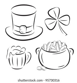 St. Patrick Day symbols silhouettes isolated on white background. Vector illustration.