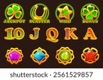 St Patrick day symbols for your game or slots machine. Standard symbols,Wild symbol,Bonus symbol,Scatter symbol, Jackpot symbol and Playing card symbols