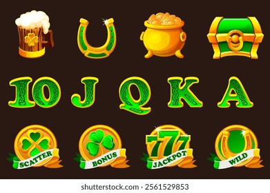 St Patrick day symbols for your game or slots machine. Standard symbols,Wild symbol,Bonus symbol,Scatter symbol, Playing card symbols