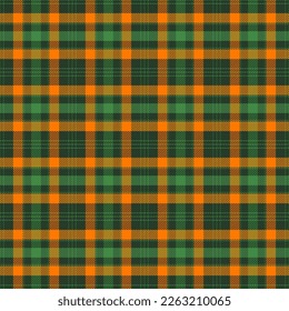 St. Patrick day tartan plaid. Scottish pattern in orange and green cage. Scottish cage. Traditional Scottish checkered background. Seamless fabric texture. Vector illustration