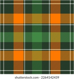 St. Patrick day tartan plaid. Scottish pattern in orange, white and green cage. Scottish cage. Traditional Scottish checkered background. Seamless fabric texture. Vector illustration