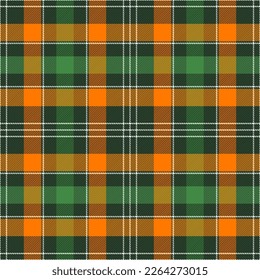 St. Patrick day tartan plaid. Scottish pattern in orange, white and green cage. Scottish cage. Traditional Scottish checkered background. Seamless fabric texture. Vector illustration