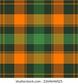 St. Patrick day tartan plaid. Scottish pattern in orange and green cage. Scottish cage. Traditional Scottish checkered background. Seamless fabric texture. Vector illustration