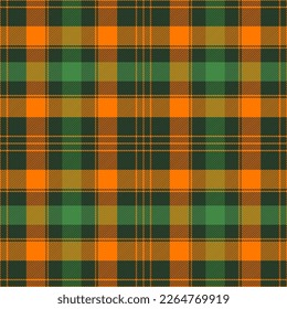 St. Patrick day tartan plaid. Scottish pattern in orange and green cage. Scottish cage. Traditional Scottish checkered background. Seamless fabric texture. Vector illustration