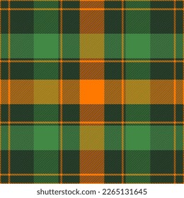 St. Patrick day tartan plaid. Scottish pattern in orange and green cage. Scottish cage. Traditional Scottish checkered background. Seamless fabric texture. Vector illustration