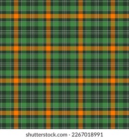 St. Patrick day tartan plaid. Scottish pattern in orange, white and green cage. Scottish cage. Traditional Scottish checkered background. Seamless fabric texture. Vector illustration