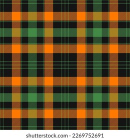 St. Patrick day tartan plaid. Scottish pattern in orange, black and green cage. Scottish cage. Traditional Scottish checkered background. Seamless fabric texture. Vector illustration
