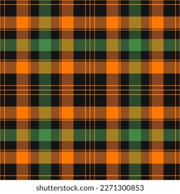 St. Patrick day tartan plaid. Scottish pattern in orange, black and green cage. Scottish cage. Traditional Scottish checkered background. Seamless fabric texture. Vector illustration
