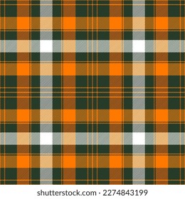 St. Patrick day tartan plaid. Scottish pattern in orange, white and green cage. Scottish cage. Traditional Scottish checkered background. Seamless fabric texture. Vector illustration