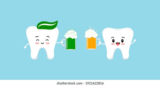 St Patrick day teeth with beer clink glasses. Cute dental happy tooth irish character with glass of splashing beer and ale. Flat design cartoon dentist celebration vector illustration.