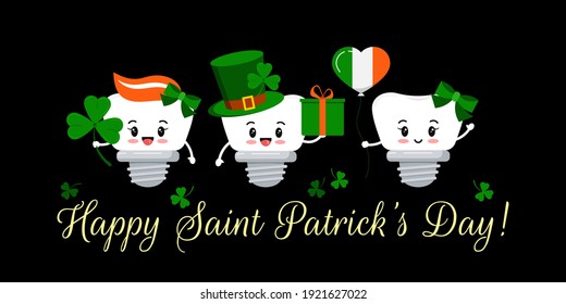 St Patrick day teeth dental implant on dentistry greeting card. Tooth irish character with gift, lucky clover on green hat, flag colors balloon. Flat cartoon vector Happy paddy's day illustration.