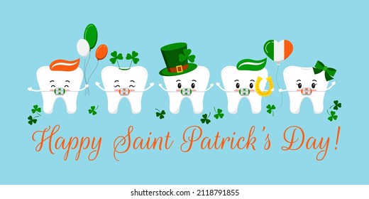 Dentaduras dentales de San Patricio en la tarjeta de bienvenida de odontología. Carácter irlandés dental con trébol afortunado sobre sombrero verde, globo de colores de bandera, herradura. Dibujo del día del feliz paddy del vector de dibujos animados planos.