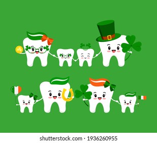 St Patrick day teeth family isolated. Smiling tooth with faces - mum, dad, son, daughter with irish photo booth props shamrock clover, coin. Dental family vector flat design cartoon illustration. 