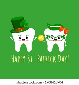 St Patrick day teeth in leprechaun hat with shamrock and glasses with gold coin. Dental tooth irish character with lucky money, clover on green hat. Flat cartoon vector Happy paddy's day illustration.