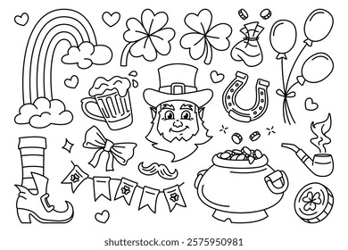 St. Patrick Day themed doodle with leprechaun, clovers, rainbow, pot of gold, beer mug, horseshoe, balloons, and festive elements. Black and white outline illustration for coloring page and design.