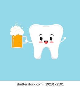 St Patrick day tooth with beer in glass. Cute dental happy teeth irish character with glass of splashing beer with bubbles. Flat design cartoon dentist celebration vector illustration.