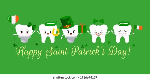 St Patrick day tooth with braces, implant and crown. Dental teeth irish character leprechaun hat with clover, glasses. horseshoe, gift, flag on dentist greeting card. Flat cartoon vector illustration.