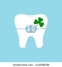 St Patrick day tooth in braces with clover shamrock. Dental molar tooth with bracket. Flat design cartoon dentist celebration vector illustration.