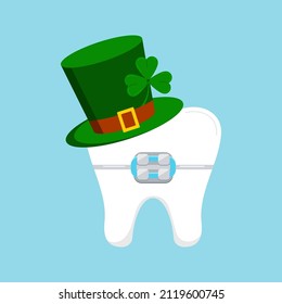 St Patrick day tooth in braces in green leprechaun hat with clover shamrock. Dental molar tooth with  bracket with gnome cylinder hat. Flat design cartoon dentist celebration vector illustration.