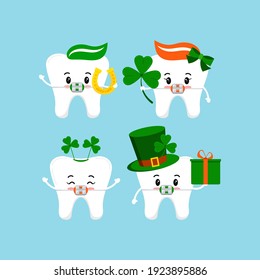 St Patrick day tooth dental braces icon set isolated. Orthodontic dentistry teeth character with irish lucky charm - shamrock, horseshoe, leprechaun hat. Flat design cartoon vector kids illustration.