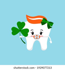 St Patrick day tooth dental braces icon isolated. Orthodontic dentistry teeth character with irish lucky charm - shamrock clover. Flat design cartoon vector dentistry kids illustration.