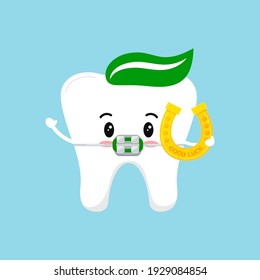 St Patrick day tooth dental braces icon isolated. Orthodontic dentistry teeth character with irish lucky charm golden horseshoe. Flat design cartoon vector dentistry kids illustration.