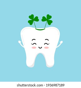 St Patrick Tag Zahnsymbol einzeln. Kinder Zahnarztfigur im Kopfband mit irischem Glücksbringer - Shamrock Klee. Flaches Design Cartoon Vektorgrafik Denistry Clip Art Illustration.