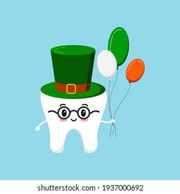 St Patrick Day Tooth Dental Icon Isolated. Cute Kids Dentistry Wisdom Teeth Character With Leprechaun Hat Eye Glasses And Balloon Set Irish Flag Color. Flat Design Cartoon Vector Clip Art Illustration