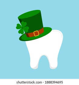 St Patrick day tooth in green leprechaun hat with clover. Dental molar tooth irish character with gnome cylinder hat. Flat design cartoon style dentist celebration vector illustration.