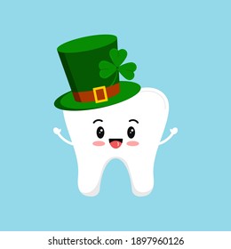 St Patrick day tooth in green leprechaun hat with shamrock. Cute dental happy tooth irish character with gnome cylinder hat with clover. Flat design cartoon dentist celebration vector illustration.