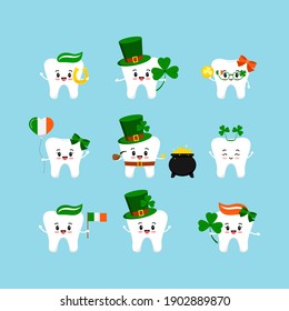 St Patrick day tooth icon set isolated. Dental teeth character with irish photo booth props - pot, flag, horseshoe, clover, pipe, leprechaun hat, shamrock. Flat design cartoon vector kids illustration