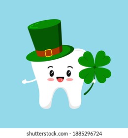 St Patrick day tooth in leprechaun hat and clover in hand. Dental tooth irish character with quatrefoil clover, green cylinder hat. Flat design cartoon style dentist celebration vector illustration.