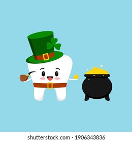 St Patrick day tooth in leprechaun costume with pot of gold. Dental tooth irish character with black cauldron with money, clover, pipe, green hat, shamrock. Flat design cartoon vector illustration.