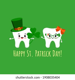 St Patrick day tooth in leprechaun hat with clover and in glasses. Dental teeth irish character with lucky shamrock on dentist greeting card. Flat design cartoon vector Happy paddy's day illustration.