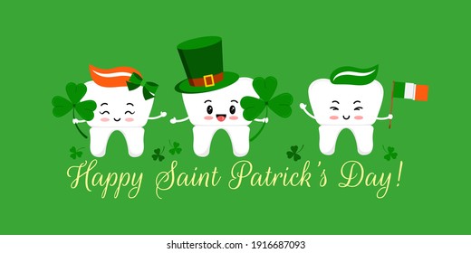 St Patrick day tooth in leprechaun hat with clover and irish flag. Dental crown teeth irish character with lucky shamrock on dentist greeting card. Flat cartoon vector Happy paddy's day illustration.