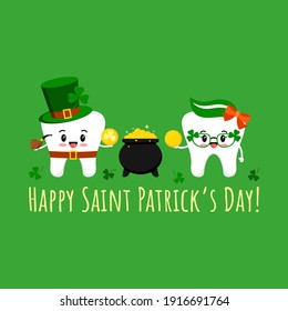 St Patrick day tooth in leprechaun costume, cauldron and in clover glasses with coin. Dental teeth irish character on dentist greeting card. Flat design cartoon vector Happy paddy's day illustration.