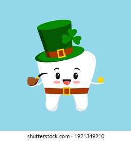 St Patrick day tooth in leprechaun costume with shamrock gold coin. Dental tooth irish character with money, clover, pipe, green hat. Flat design cartoon style Saint Patrick day vector illustration.