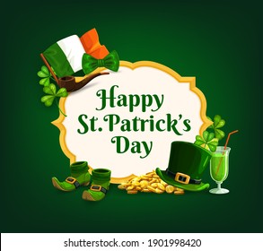 Marco vectorial St. Patrick Day, pancarta con chispas de dibujos animados, sombrero de top verde, monedas de oro, pipa de fumar, zapatos y pinta de Irlanda ale. Feliz Día de San Patrón tarjeta de saludo con bandera nacional, corbata de cuello