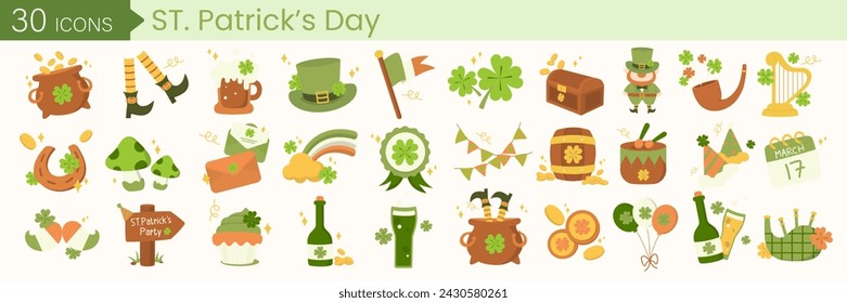 St. Patrick day vector icons set isolated on white background. Elements with coins, elves, Irish flag, shamrock, horseshoes and more. Vector illustration