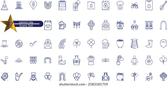 St. Patrick day vector icons set isolated on white background. Elements with coins, elves, Irish flag, shamrock, horseshoes and more