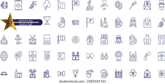 St. Patrick day vector icons set isolated on white background. Elements with coins, elves, Irish flag, shamrock, horseshoes and more