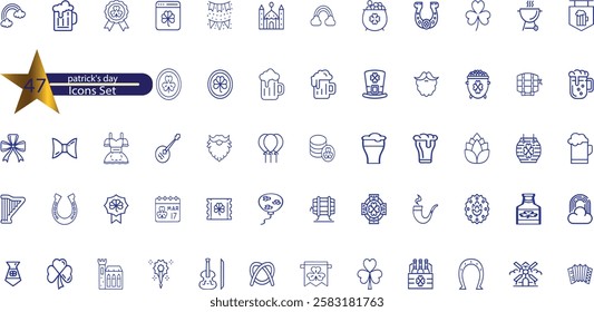 St. Patrick day vector icons set isolated on white background. Elements with coins, elves, Irish flag, shamrock, horseshoes and more