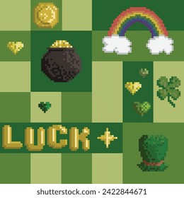 St Patrick Day vector illustration. Four leaf clover, leprechaun hat, rainbow, pot of gold. Pixel art