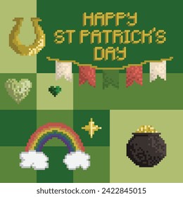 St Patrick Day vector illustration. Four leaf clover, horseshoe, rainbow, pot of gold. Pixel art
