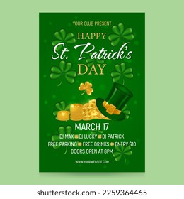St patrick day. Vertical greeting invitation for St. Patrick's Day. Leprechaun hat, pile and stacks of gold coins, clover shamrocks on a green background. Vector illustration.