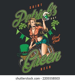 St. Patrick day vintage colorful poster Irish girl on barrel with green beer in hands invites to pub vector illustration